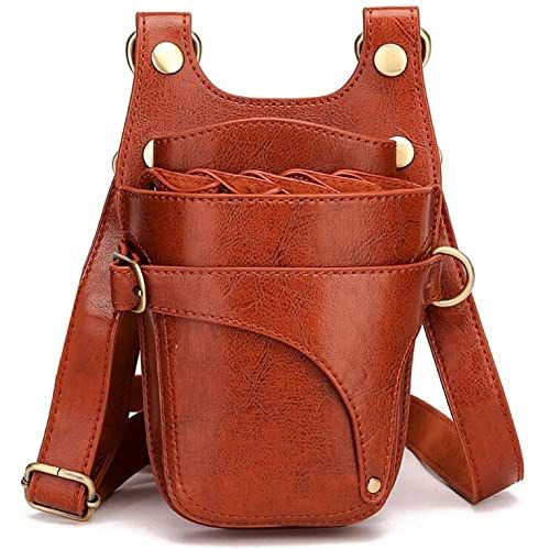 Ailunate Scissor Case, Scissor Bag, Hairdresser, Trimmer, Florist, 5 Pieces, Shoulder Hanging, Genuine Leather, Leather, Braun