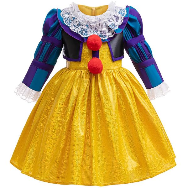 IBTOM CASTLE Kids Girls Circus Clown Halloween Costume Clown Ruffle Dress Long Sleeve Dress and Gloves Cosplay Carnival Birthday Party Dress Halloween Outfits Yellow 4-5 Years