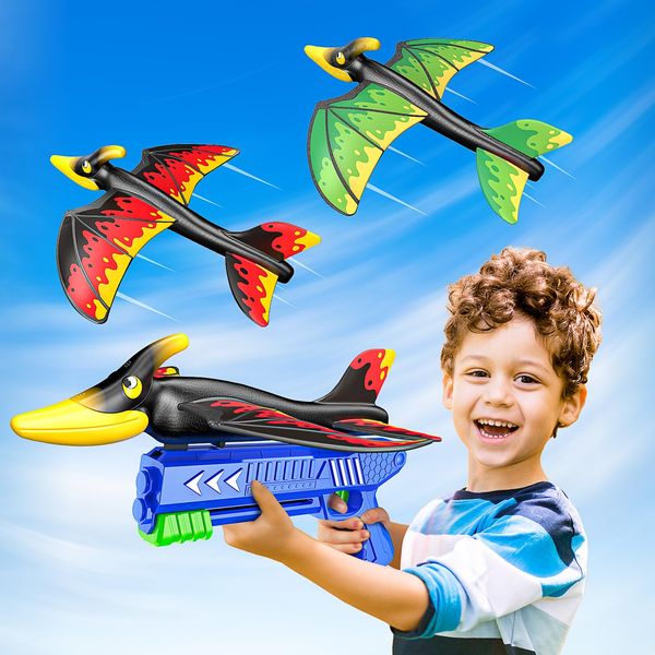 DASTION-99 Dinosaur Airplane Launcher Kids Toys Foam Glider Plane Outdoor Flying Toys Gifts for 4 5 6 7 8 9 10 12 Year Old Boys Girls Birthday Gifts Ideas Ages 5-7 6-8 8-13 2 Pack with Sticker