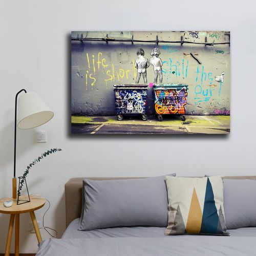 Framed Banksy Canvas Wall Art Life Is Short Pop Street Graffiti Wall Art Decor Cool Poster Paintings Colorful for Men Ready To Hang for Living Room Bedroom Home Bathroom Wall Decor 12x16in