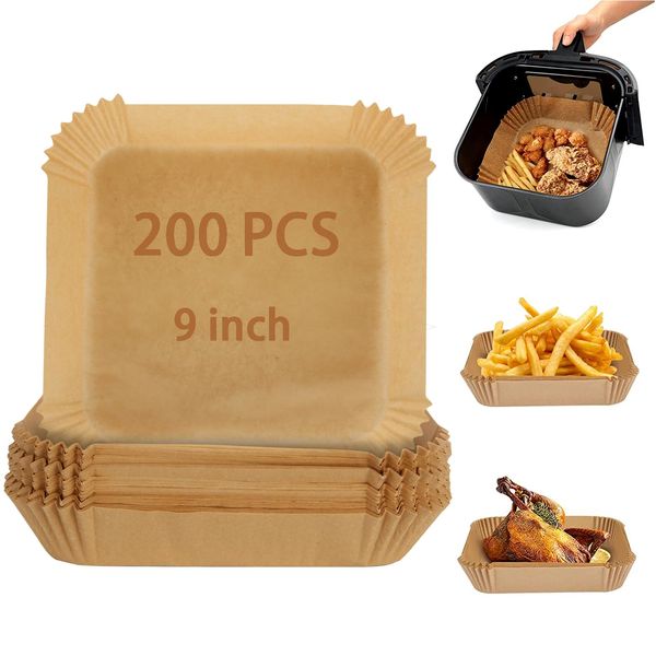 YAYODS 200PCS Air Fryer Liners, 9 inch Disposable Air Fryer Paper Liners, Square Air Fryer Parchment Paper Baking Paper Sheets for Air Fryer, Oven, Microwave, Baking, Roasting