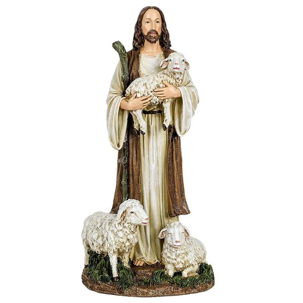 Shepherd With Sheep Friends Golden Ivory 6 x 12 Resin Stone Tabletop Figurine