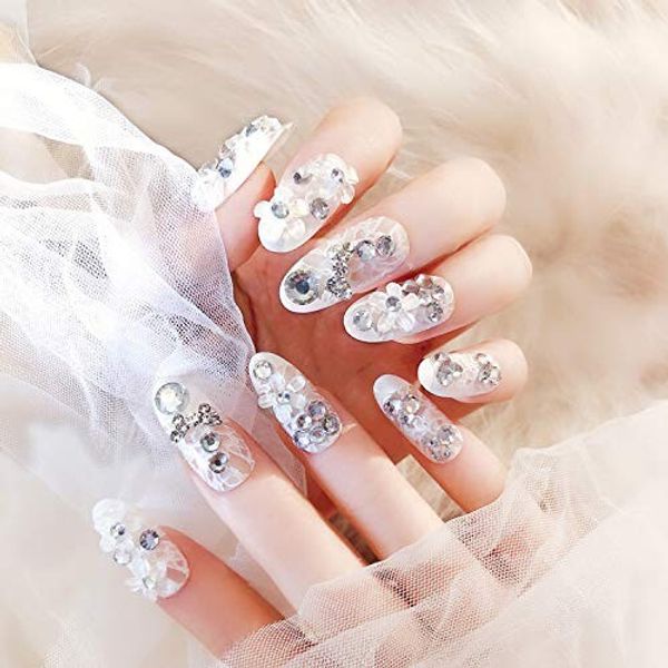 24Pcs Nail Tips with Sparkling Rhinestone Ribbons, Full Tips, Bride Nails, for Weddings, Performances, Taking Photos, Parties, After Parties, etc., Zircon, Double-Sided Adhesive Tape Included (DC101)