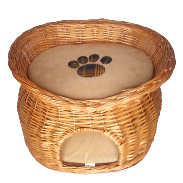 2-Tier Wicker Cat House Elevated Pet Bed Basket Cozy Cave with Washable Cushions