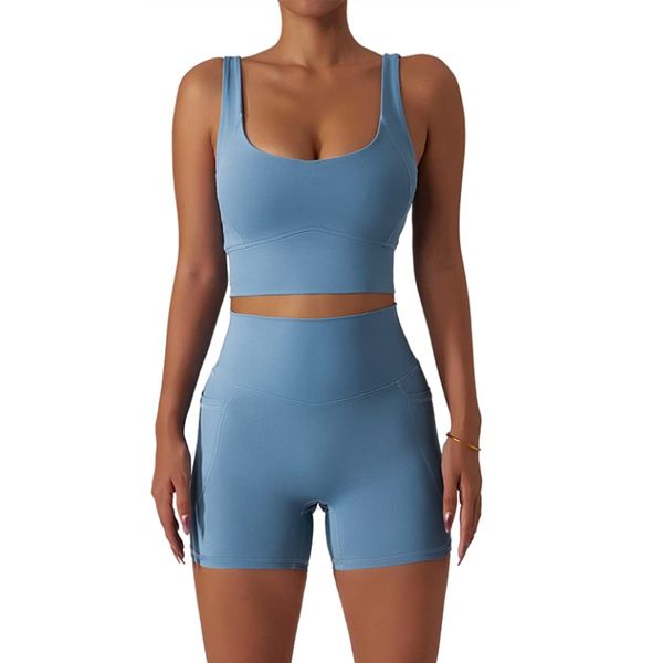 Belriviere Seamless Workout Sets for Women Sports Bras Biker Shorts with Pockets 2 Piece Set Gym Yoga Fitness Outfits M Blue