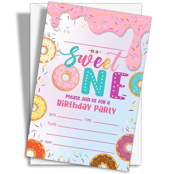 YQV Donut Sweet One Birthday Party Invitations, 20-Count Donut First Birthday Party Invites With Envelopes-HBYQK-B46