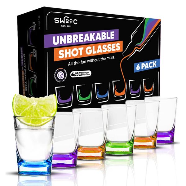 SWOOC - Unbreakable Shot Glasses Set (6 Pack) - 250x Stronger Than Glass, 25x Stronger Than Acrylic - Colorful & Dishwasher-Safe - 1.5oz Reusable Drinkware for Indoor/Outdoor Fun - DUNZO Compatible