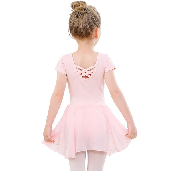 PLIKSUVER Girls Ballet Dress Short Sleeve Ballet Outfit Gymnastics Dance Leotard with Chiffon Skirt