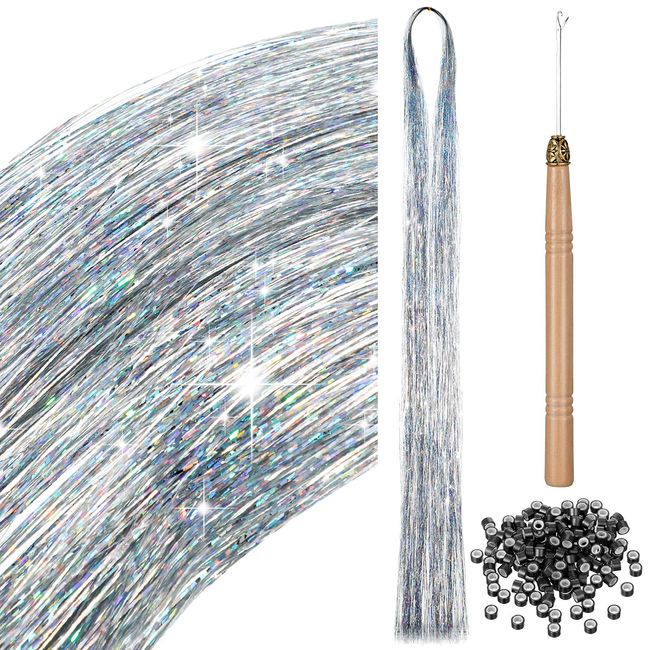 200 Haar Lametta mit Werkzeug Lametta Haarverlängerung Glitzer Haarteil zum Flechten Haarsträhne Kit für Frauen Mädchen Kinder Cosplay Party Zubehör (Silber)