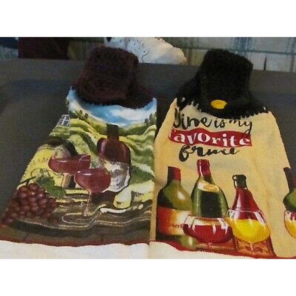 2  HAND CROCHETED HANGING KITCHEN TOWELS  WINE BOTTLES/WINE FAVORITE FRUIT/CHEES