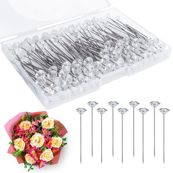 120PCS 2.1inch Corsage Bouquet Pins for Flowers, Corsage Boutonniere Pins, Floral Diamond Rhinestones Crystal Head Pins for Wedding Anniversaries Birthday Party Jewelry Decoration DIY Craft Sewing