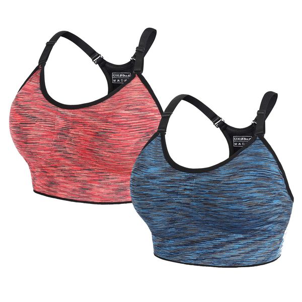 2 Stücke Damen Sport BH Starker Halt Push Up Gepolstert BHS Bustier Ohne Bügel Verstellbare Träger Sports Bra Top für Laufen Gym Yoga Fitness (Blau Orange, M)