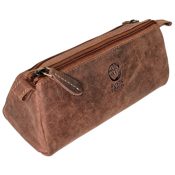 Rustic Town Leather Pencil Case - Zippered Pen Pouch for Work & Office