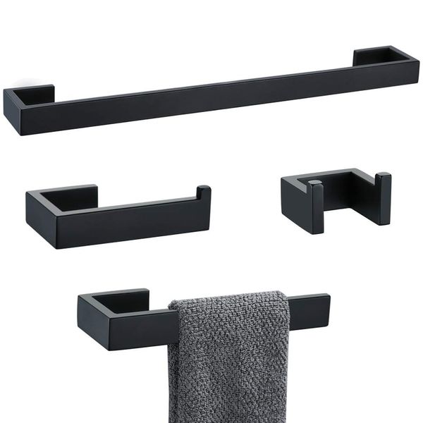 TNOMS 4 Pieces Bathroom Hardware Accessories Set Black Towel Bar Towel Holder Robe Hook Toilet Paper Holder Stainless Steel,Q8-P4BK