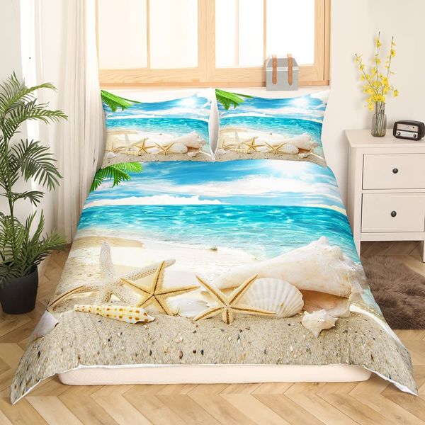 Erosebridal Beach Themed Bedding Sets Twin Blue Ocean Comforter Cover Seashell Starfish Printed Bed Sets Beach Coastal Duvet Cover 1 Duvet Cover 1 Pillowcases for Kids Teens Adults (No Comforter)