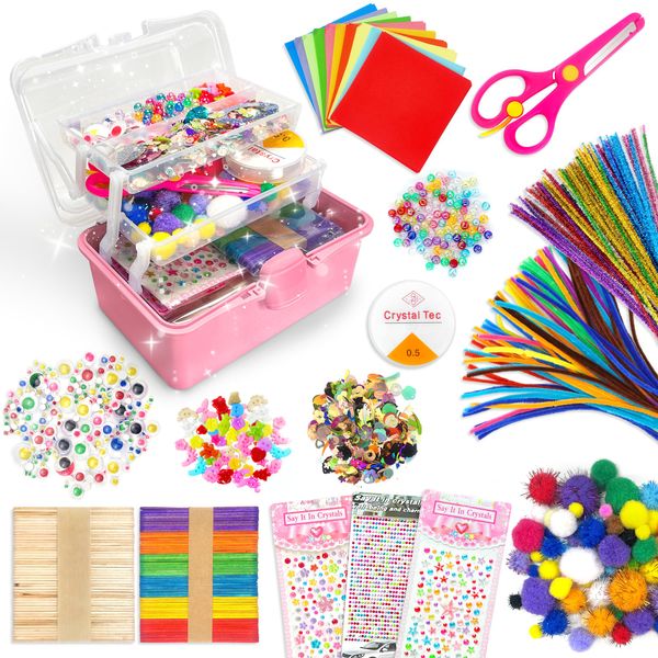 LINAYE 2500+PCS Arts and Crafts Supplies for Kids, DIY Craft Supplies Kit Box for Ages 6-8, Arts and Crafts Kit for Kids, Crafting Supply Set for Girls Boys Birthday Christmas Gifts, Pink