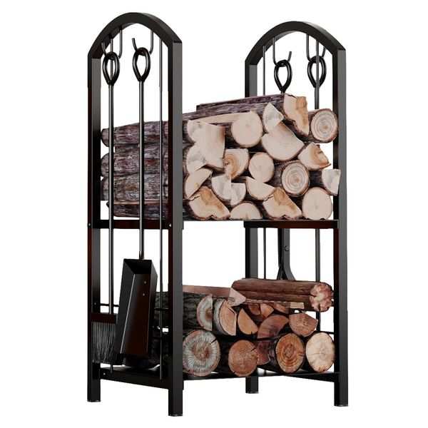 Fire Beauty Fireplace Firewood Log Rack 5-Piece Storage Logs Holder with Tool...