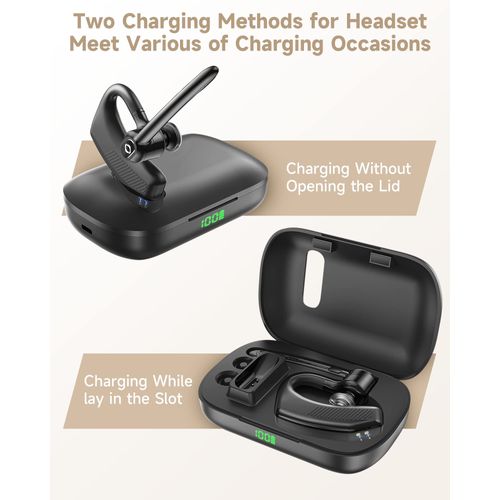 Bluetooth Headset Wireless Earpiece iPhone Android Wireless Charging Case Microphone Earpiece Handsfree Single Ear Headset LED Digital Display Phones Computer Work 180H Playtime 1000mAh Drivers