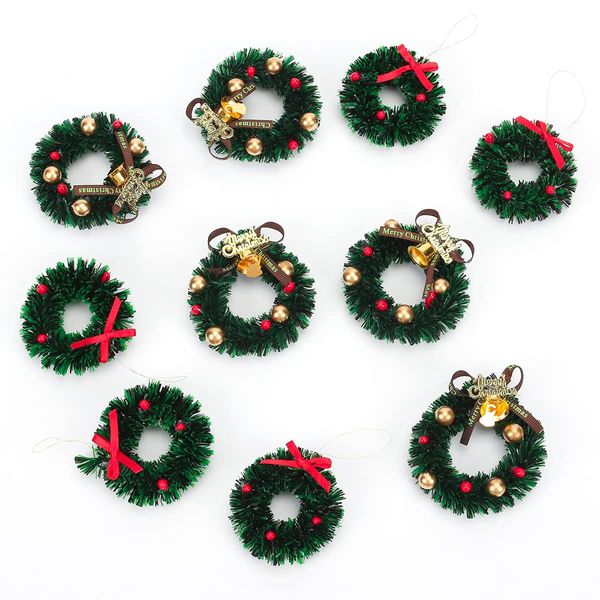 10 Pieces Mini Artificial Christmas Wreaths Ornaments, Dollhouse Miniature Christmas Wreath Doll House Mini Xmas Wreath for Dollhouse Door Windows Christmas Tree Decoration (2 Styles)