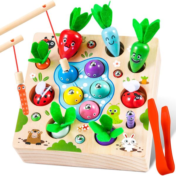 COOLJOY Wooden Fishing Game Toy | 4 In 1 Magnetic Montessori Toys for 2 Year Olds | Carrots Harvest Toy Shape Sorter | Toddler Educational Gift for 2 3 4 Year Olds Girls Boys