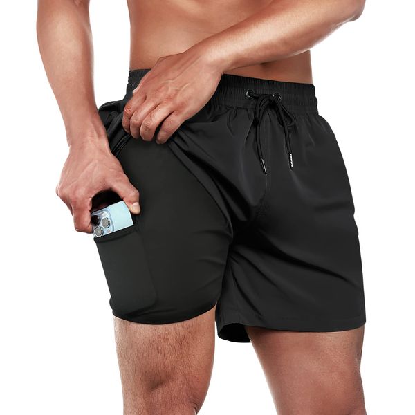 ineepor Badehose Herren Kurz Herren Badehose 2 in 1 Badeshorts Herren mit Kompressionsliner Board Shorts Schnelltrocknend, Schwarz, Gr. L