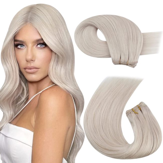 Blonde Weft Hair Extensions Real Human Hair White Blonde Sew in Human Hair Extensions 20 Inch Human Hair Double Weft Extensions 100g/Pack #60A