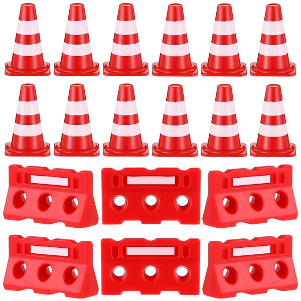 NUOBESTY Mini Traffic Road Cones Construction Road Cones Roadblock Sign Toys Road Signs Cones and Fences Playset, 12 Pieces Cones and 12 Pieces Fences