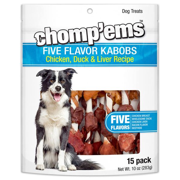 CHOMP 'EMS Five Flavor Kabobs Dog Treats - Beefhide Chewstick - High Protein Dog Chews, 15 Count