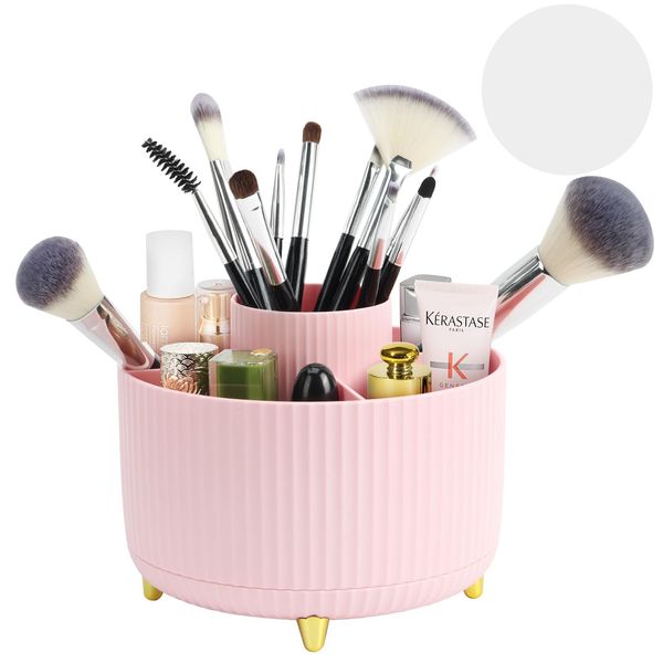 Top-spring 360° Rotating Makeup Organiser, Spinning Makeup Brush Holder with Anti-slip Mat, Pen Holder for Desk, Cute Make Up Desktop Storage 5 Slots for Cosmetics Office Stationery Storage (Pink)