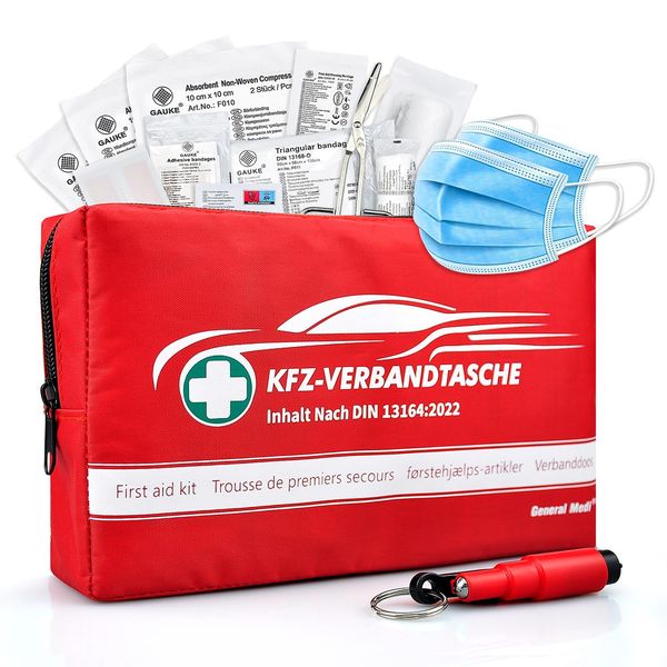 First Aid Kit, DIN 13164, Contains Premium Medical Supplies for Car Travel, Home, Office, Vehicle, Camping, Workplace & Outdoor