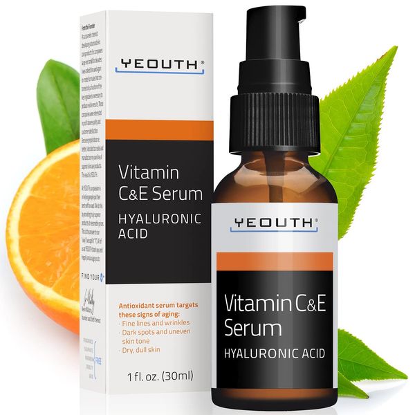 YEOUTH Vitamin C Gesichtsserum mit Hyaluronsäure und Vitamin E, Vitamin C Serum für das Gesicht, Serum gegen Falten, dunkle Flecken und trockene 1oz