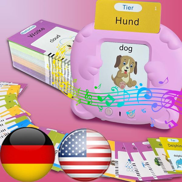 HALCONTORNO Bilingual English German Flash Cards - Talking Flash Cards for Kids, Pocket Speech for Toddlers 3-12, Educational Learning Toys, Audible Gift Play Cards German, Autism Sensory Toys (Pink)