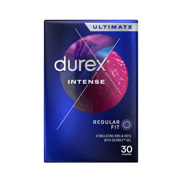 Durex Intense Condoms, Stimulating Ribbed And Dotted Condoms With Desirex Gel, Pack of 30 Condoms