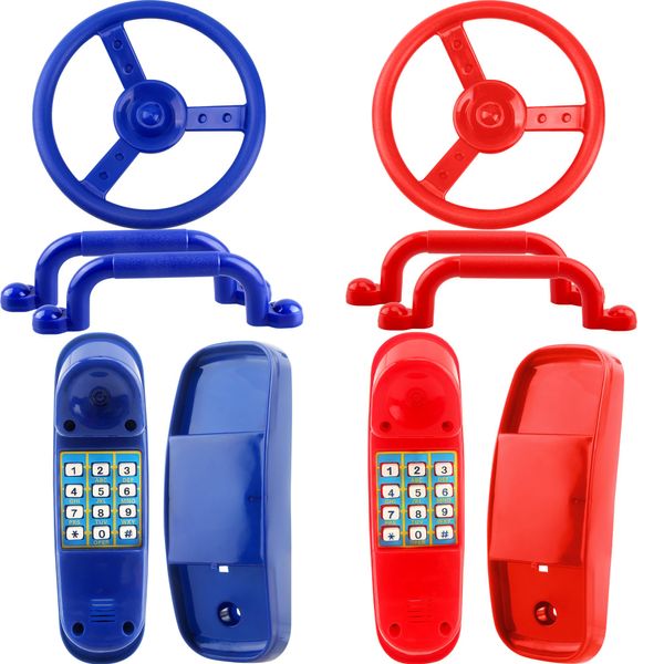 8 Pcs Playground Accessories Swingset Steering Wheel Safety Handles Plastic Swingset Phone Toy Swing Set Telephone for Kids Outdoor Treehouse Playhouse Swing Set (Red,Blue)