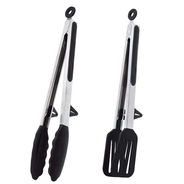 Kitchen Tongs Kitchen Silicone Cooking Tongs 2pcs 9” Silicone Tongs Set Locking Clip with Resting Gadget Non Slip Heat Resistant Handle for Kitchen BBQ Serving Frying Salad and Cooking (Black)