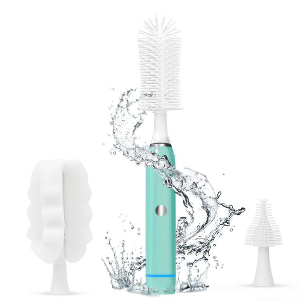 Efficient Electric Bottle Brush with 2 Silicone and 1 Sponge Brush Heads,2-Speed Power,Waterproof Charging,IP65 Water Resistance-Perfect for Cleaning Bottles,Cups (Cleaning Set (3 Brush Heads))