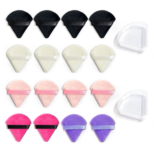 16 Pcs Powder Puff，with 2 Storage Box，Triangle Makeup Puff for Face，Available in wet and dry conditions，Soft and Skin-friendly Beauty Tools（White，Rose Red，Black，Purple）