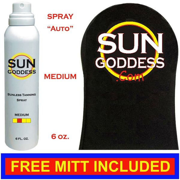 SUN GODDESS - Sunless Self Tanning Spray "Auto"  MEDIUM  6 oz + Best Tanner Mitt