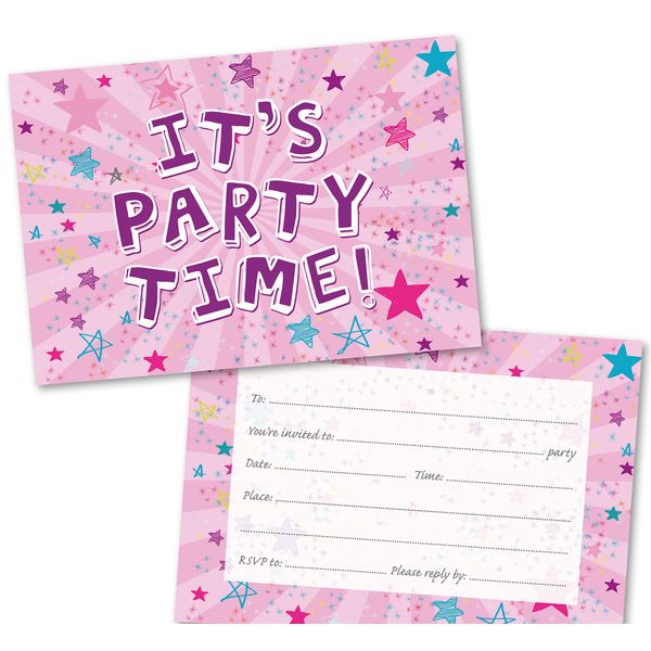 Absolutely Yours Party Invitations Pack of 36. Pink Starburst themed invitation with matching envelopes. 120 x 172mm. Party Invites, Birthday Party Invitations. Suitable for all ages.