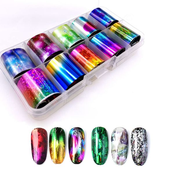 10 Rolls Colorful Holographic Nail Foil Transfer Sticker Roll Set, Mwoot Mix-Pattern Nail Art Stickers, Wraps Decals Starry Sky Manicure Kit (0.98inchs*39.37inchs)