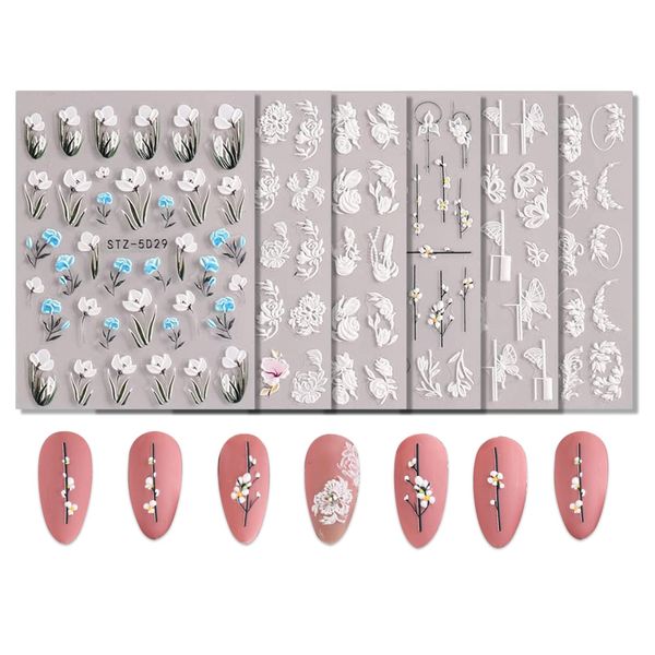 Nail Stickers,6 Sheets 5D Spring Embossed White Lace Flower Butterfly Nail Art Stickers Self Adhesive,Nail Decals Floral Nail Art Design Decoration for Women Girls