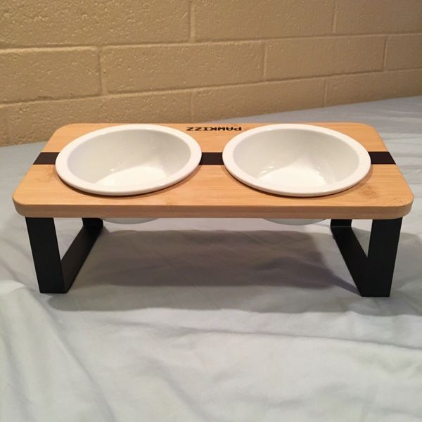 Raised Pet Feeding Station, 4.5” Ceramic Bowls, Cats or Small Dogs PAWKISS brand