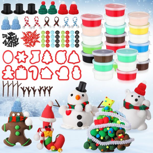 Blosssound 24 Pack Christmas DIY Craft Kit 125 Pcs Build a Snowman, Gingerbread Man, Santa & Christmas Tree Air Dry Clay Kit Christmas Gifts Stocking Stuffers for Winter Holiday Party Favors Supplies