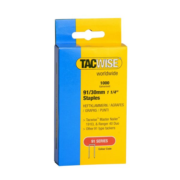 Tacwise 0286 Type 91 / 30 mm Galvanised Narrow Crown Staples, Pack of 1,000