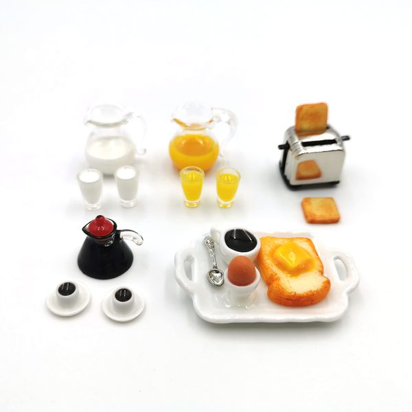 SXFSE Dollhouse Decoration Accessories, 1:12 Dollhouse Miniature Scene Model Milk Juice Coffee Bread Machine Breakfast Set