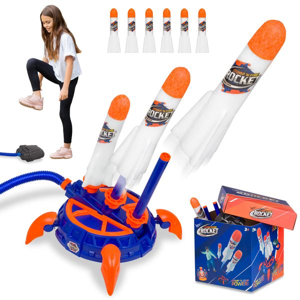 Tevo Stomp 'n Fire - Rocket Launcher For Kids - Launch 3 Continuous Rockets - Air Rocket Launcher Toy With 6 Foam Rockets & Storage Box - Kids Rocket Launcher - Gifts For Boys Age 3-10 Years Old