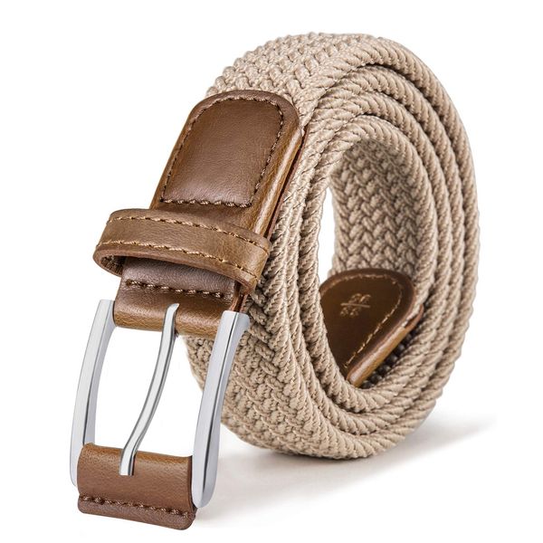 Mesh Belts Bulliant Men's Solid Color Elastic Belt Braided Stretch Belt Casual Fashion with Gift Box, beige 1240