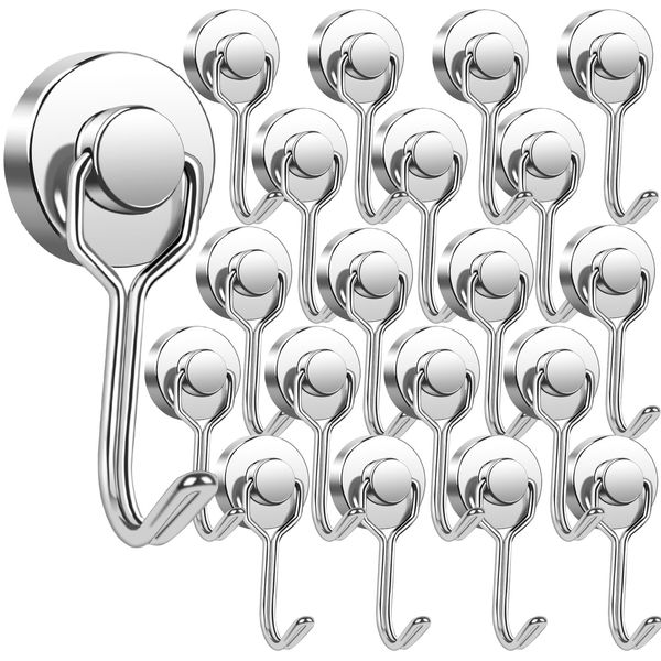 Set of 20 Super Strong Magnetic Hooks, Diameter 0.8 inches (20 mm), Neodymium Magnets, Magnetic Hooks, Vertical Load Capacity 33.1 lbs (15 kg), Super Strong, Magnets, Wall Hanging Hooks, Refrigerator,