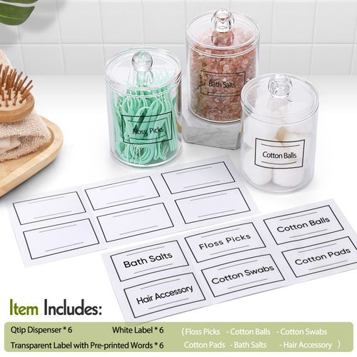 6 Pack Qtip Holder Dispenser for Cotton Ball, Cotton Swab, Cotton Round Pads, Floss - Clear Plastic Apothecary Jar Set, Bathroom Canister Storage Organization, Vanity Makeup Organizer (12oz & 10oz)
