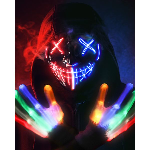 STONCH Halloween Mask Skeleton Gloves Set, 3 Modes Light Up Scary LED Mask with LED Glow Gloves, Halloween Decorations Anonymous Mask, Halloween Costumes glow purge Masks ​Gift for Boys Girls